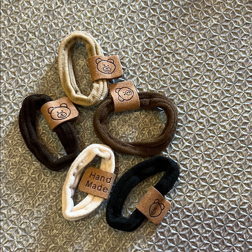Handmade Bear Design Kids Hair Ties - Black, Brown, Cream